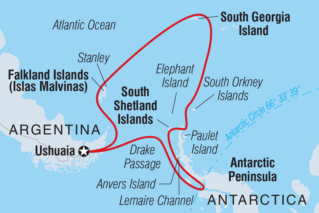 Map of Extended Falklands, South Georgia & Antarctic Circle (Ocean Albatros) including Antarctica, Argentina and Falkland Islands (Malvinas)