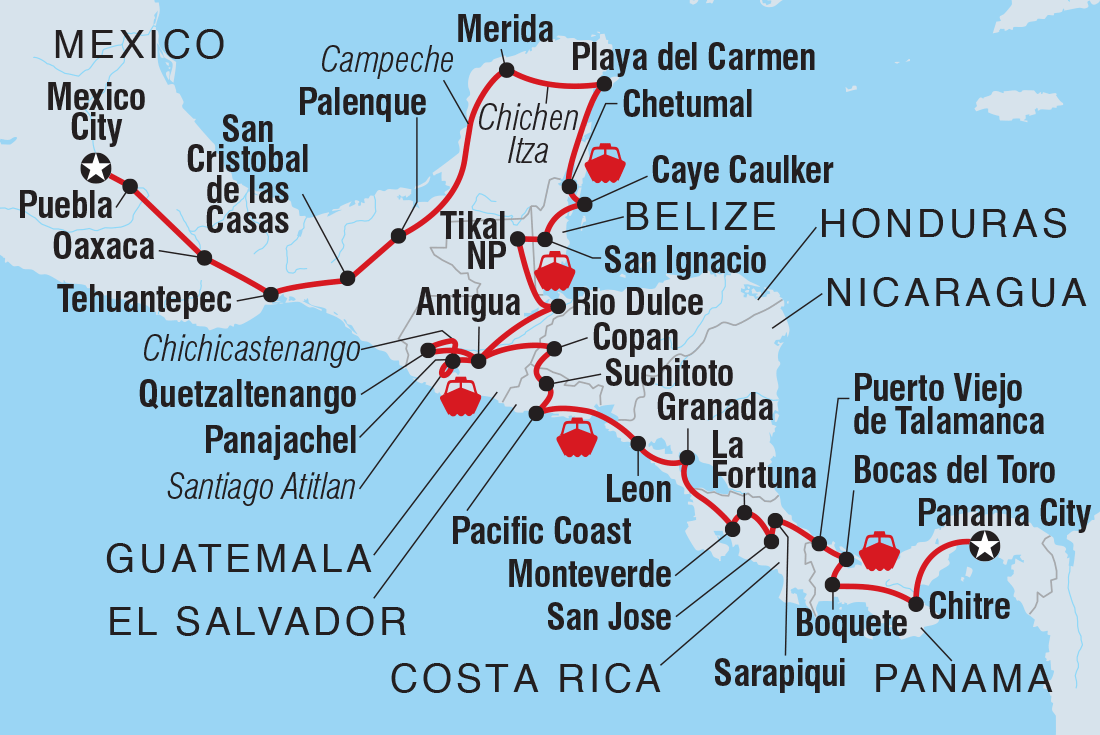 Map of Ultimate Central America including Belize, Costa Rica, El Salvador, Guatemala, Honduras, Mexico, Nicaragua and Panama
