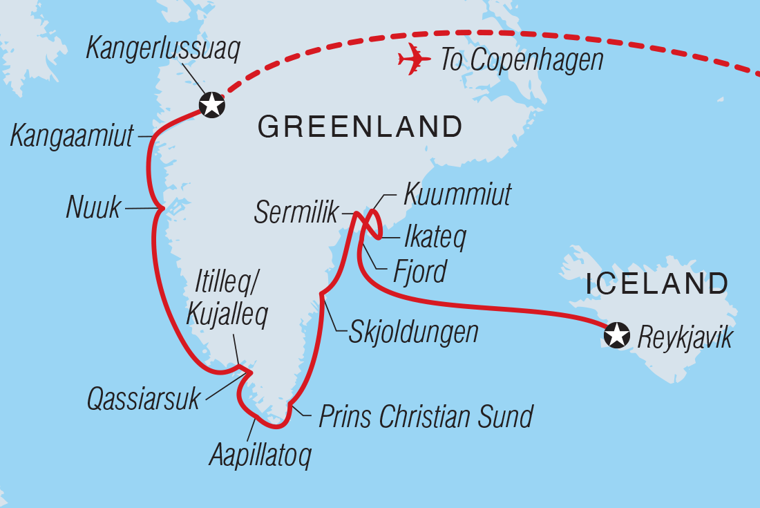 Map of Greenland Explorer(Ocean Victory) including Greenland and Iceland