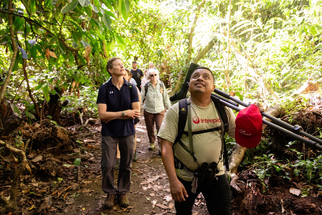 Intrepid leader heads group wildlife spotting in Tortuguero National Park in Costa Rica
