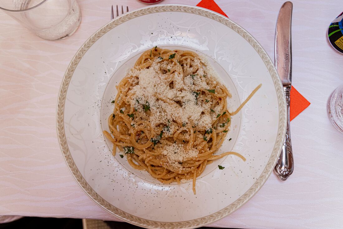 A bowl of freshly made Italian pasta in a Venetian restaurant in Italy