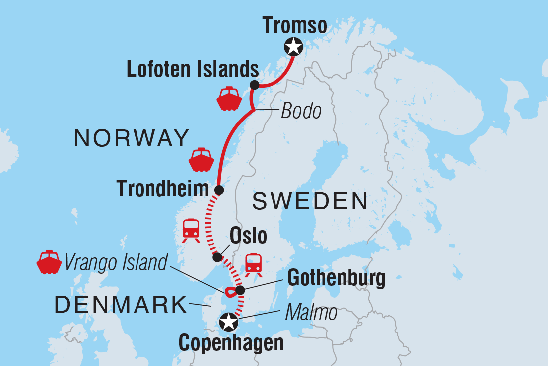 Map of Copenhagen To Northern Norway including Denmark, Norway and Sweden