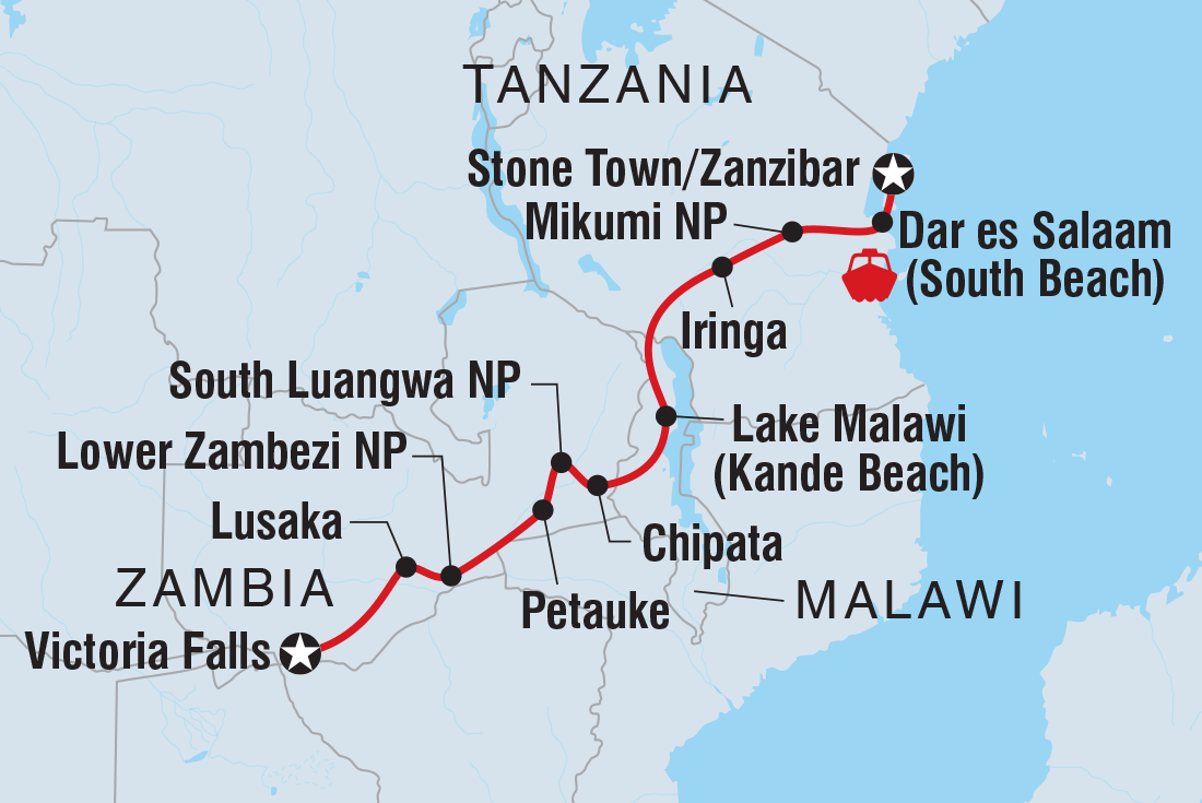 Map of Vic Falls To Zanzibar including Malawi, Tanzania, United Republic Of, Zambia and Zimbabwe