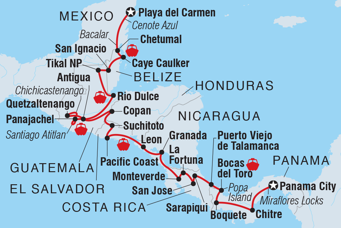 Map of Best Of Central America including Belize, Costa Rica, El Salvador, Guatemala, Honduras, Mexico, Nicaragua and Panama