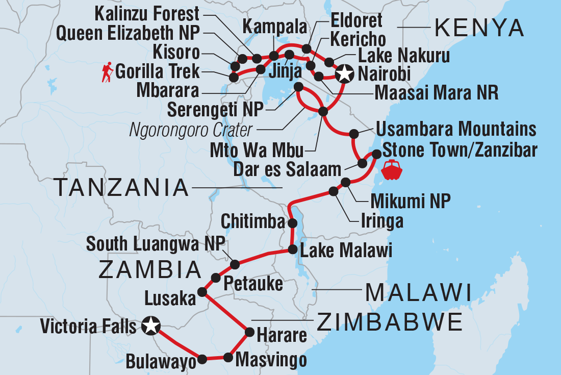 Map of Gorillas To Vic Falls including Kenya, Malawi, Tanzania, United Republic Of, Uganda, Zambia and Zimbabwe