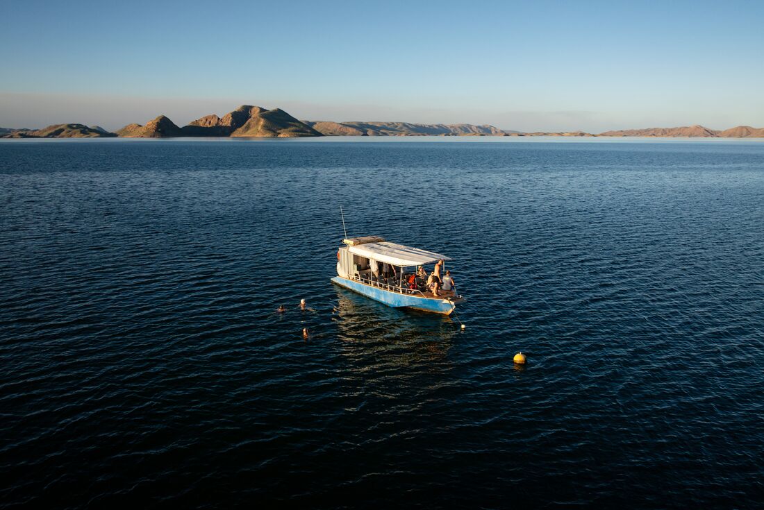 Aerial view of the cruise boat on Lake Argyle during sunset, Kimberley, Western Australia