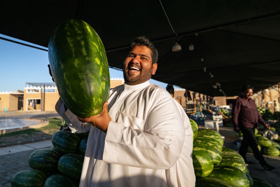 Simple joy of fresh watermelon in the markets of Hail, Saudi Arabia